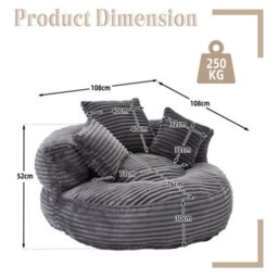 Abrihome Large Corduroy Bean Bag Chair For Adults And Kids With 3 Pillows And Armrest, Soft Lounge Seat, Dark Grey - thumbnail 7