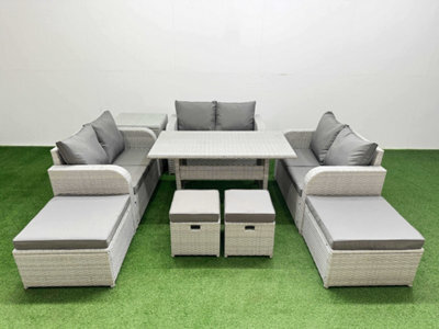 Fimous 10 Seater Outdoor Garden Furniture Set With Dining Table Love Sofa 2 Big Footstools 2 Small Stool Side Table Light Grey - image 1