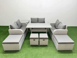 Fimous 10 Seater Outdoor Garden Furniture Set With Dining Table Love Sofa 2 Big Footstools 2 Small Stool Side Table Light Grey - thumbnail 1
