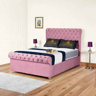 UKBEDFURNITURE Chesterfield Sleigh Pink Plush Velvet Upholstered Bed Frame Only - Slatted Base - 48 Inch Headboard - image 1