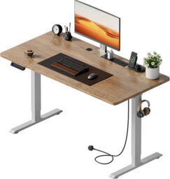 Precision Synergie Electric Standing Desk, 140X60Cm Height Adjustable Desks With Usb Charging Port, White Frame Maple Desktop - thumbnail 1