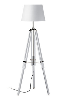 Orsina White Tripod Floor Lamp, Height Adjustable Natural Wood Legs, Chrome Accents With Soft Fabric Shade - image 1