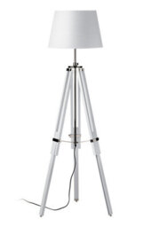 Orsina White Tripod Floor Lamp, Height Adjustable Natural Wood Legs, Chrome Accents With Soft Fabric Shade