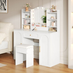 Merax Dressing Table, Vanity Table With Led Mirror And Stool, 1 Drawer, 2 Doors, Adjustable Lighting, 110 X 40 X 132 Cm, White - thumbnail 4