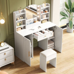 Merax Dressing Table, Vanity Table With Led Mirror And Stool, 1 Drawer, 2 Doors, Adjustable Lighting, 110 X 40 X 132 Cm, White - thumbnail 3