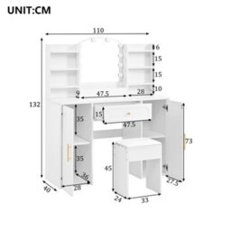 Merax Dressing Table, Vanity Table With Led Mirror And Stool, 1 Drawer, 2 Doors, Adjustable Lighting, 110 X 40 X 132 Cm, White - thumbnail 6