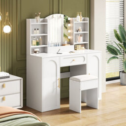 Merax Dressing Table, Vanity Table With Led Mirror And Stool, 1 Drawer, 2 Doors, Adjustable Lighting, 110 X 40 X 132 Cm, White - thumbnail 2