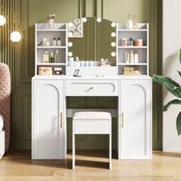 Merax Dressing Table, Vanity Table With Led Mirror And Stool, 1 Drawer, 2 Doors, Adjustable Lighting, 110 X 40 X 132 Cm, White - thumbnail 1
