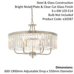 Bright Nickel Ceiling Chandelier Light - Clear Cut Glass 6 Bulb Pendant Fitting - thumbnail 2