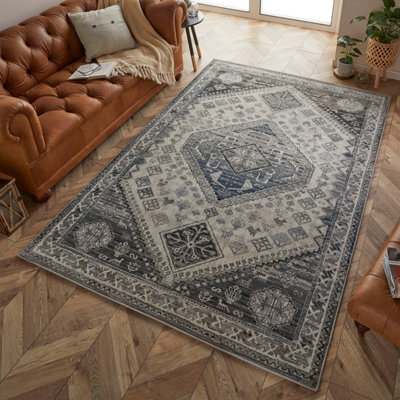 Persian Bordered Easy To Clean Blue Geometric Traditional Rug For Dining Room-120Cm X 170Cm - image 1