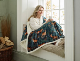 Deyongs Fox And Deer Teal Heated Sherpa Throw 140X180Cm Soft Blanket With 10 Heating Levels