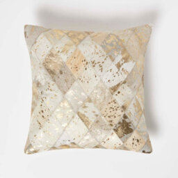 Homescapes Geometric Diamond Gold & Grey Leather Cushion 45 X 45 Cm