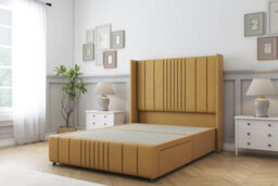 "Sloomy Hargrave Mustard Plush Divan Bed Base No Drawers-54"" Wingback Headboard & 12"" Footboard 6' Super King" - thumbnail 1