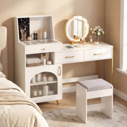 Costway 3 Drawers Vanity Desk Set Dressing Table With Mirror And Lights-White - thumbnail 4