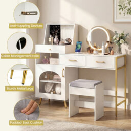Costway 3 Drawers Vanity Desk Set Dressing Table With Mirror And Lights-White - thumbnail 5