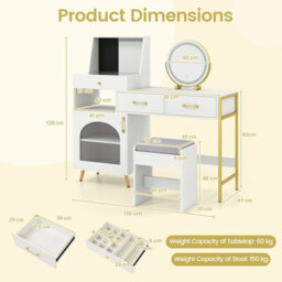 Costway 3 Drawers Vanity Desk Set Dressing Table With Mirror And Lights-White - thumbnail 3