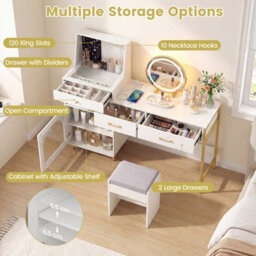 Costway 3 Drawers Vanity Desk Set Dressing Table With Mirror And Lights-White - thumbnail 7
