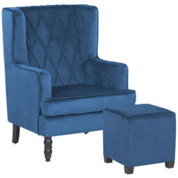 Beliani Armchair Sandset With Footstool Velvet Dark Blue