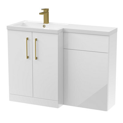 Balterley Left-Hand Bathroom Vanity And Wc Unit Combination With Basin - 1100mm - Gloss White With Brushed Brass Handles - image 1