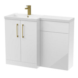 Balterley Left-Hand Bathroom Vanity And Wc Unit Combination With Basin - 1100mm - Gloss White With Brushed Brass Handles - thumbnail 1