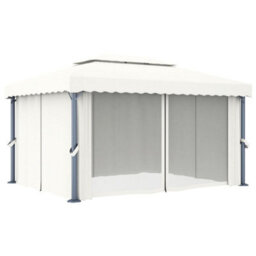 Berkfield Stylish Gazebo With Curtain&led String Lights 4X3 M Cream White - thumbnail 5