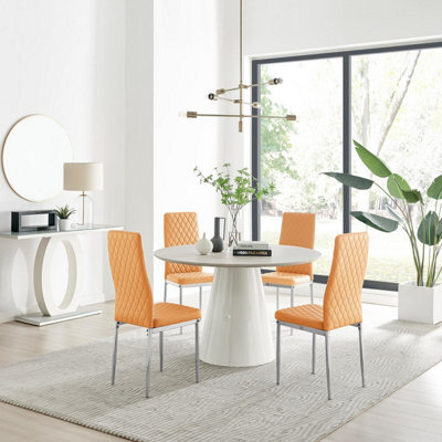 Furniturebox Uk Palma Beige Stone Effect Round Dining Table & 4 Mustard Milan Chrome Leg Chairs - image 1