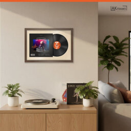 "AK Frames 25X17"" Walnut Sleek Vinyl Record Frame With Ivory Mount For 12 Inch Lp Cover & Disc - Overlapped Design" - thumbnail 5