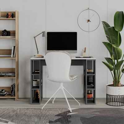 Decortie Modern Colmar 106Cm Working Desk Particleboard 3 Open Shelves Wall Fix H75Xw106Cm, White, Anthracite Grey - image 1