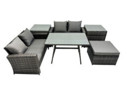 Fimous 5 Seater Wicker Pe Rattan Furniture Outdoor Dining Table Double Seat Sofa Big Stool 2 Side Table Set Dark Grey Mixed - thumbnail 1