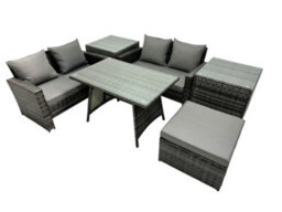 Fimous 5 Seater Wicker Pe Rattan Furniture Outdoor Dining Table Double Seat Sofa Big Stool 2 Side Table Set Dark Grey Mixed - thumbnail 2