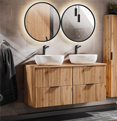 Impact Furniture Double Sink Bathroom Vanity Unit With Basin 120Cm Countertop Ribbed Fluted Oak Effect Wall Hung Cabinet Adel - image 1