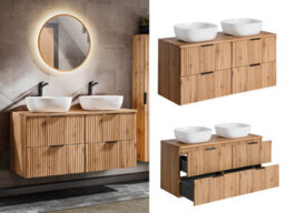 Impact Furniture Double Sink Bathroom Vanity Unit With Basin 120Cm Countertop Ribbed Fluted Oak Effect Wall Hung Cabinet Adel - thumbnail 3