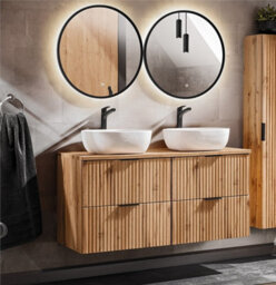 Impact Furniture Double Sink Bathroom Vanity Unit With Basin 120Cm Countertop Ribbed Fluted Oak Effect Wall Hung Cabinet Adel - thumbnail 1
