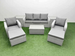 Fimous Pe Rattan Garden Furniture Set Reclining Chair Lounge Sofa Set Oblong Coffee Table 2 Side Table 2 Big Footstool Light Grey - thumbnail 2