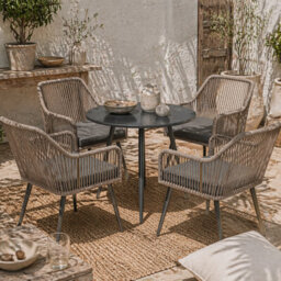 Wyld Haus Sudore Rele 5-Piece Rattan Outdoor Dining Set - Light Brown With Grey Cushions, 80Cm Round Table, 4 Seater