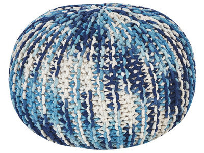 Beliani Knitted Cotton Pouf Ottoman White And Blue 50 X 35 Cm - image 1