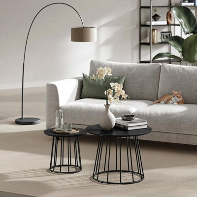 Coffee Tables, Set Of 2 Round Side Tables, Modern Style, Steel Frame, For Living Room, Bedroom, Ebony Black - image 1