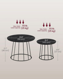 Coffee Tables, Set Of 2 Round Side Tables, Modern Style, Steel Frame, For Living Room, Bedroom, Ebony Black - thumbnail 2
