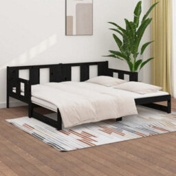 Berkfield Pull-Out Day Bed Black Solid Wood Pine 2X(80X200) Cm - thumbnail 4