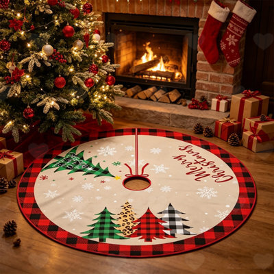 Amorly Black Red Buffalo Plaid Christmas Tree Skirt, Snowflake Patterned Tree Base Cover Classic Ornament For Merry Xmas Party Decoration - image 1