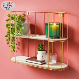 Spot On Dealz  2 Tier Traditional Gold Floating Decorative Hanging Shelves With Wood And Metal Wire Frame Industrial Wall Mounted Shelving Unit - thumbnail 4