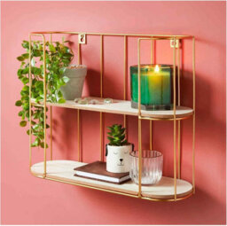 Spot On Dealz  2 Tier Traditional Gold Floating Decorative Hanging Shelves With Wood And Metal Wire Frame Industrial Wall Mounted Shelving Unit