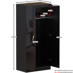 Lassic Vida Designs Hulio Black High Gloss 2 Door Wardrobe (H)1700mm (W)760mm (D)470mm - thumbnail 2