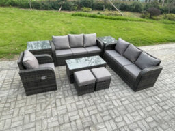Fimous Outdoor Sofa Set 9 Seater Rattan Garden Furniture Set With Rectangular Coffee Table 2 Small Footstools 3 Seater Sofa - thumbnail 2