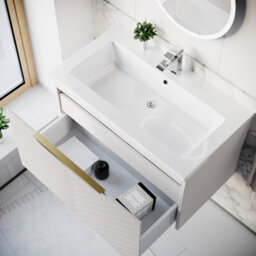 Nes Home 800mm Wall Hung Pink Drawers Basin Vanity Brushed Brass Handle - thumbnail 5