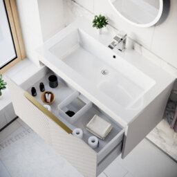 Nes Home 800mm Wall Hung Pink Drawers Basin Vanity Brushed Brass Handle - thumbnail 6
