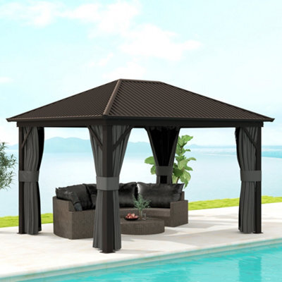 Outsunny 3.6 X 3(M) Metal Garden Hardtop Gazebo With Screened Curtain Dark Grey - image 1