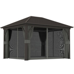 Outsunny 3.6 X 3(M) Metal Garden Hardtop Gazebo With Screened Curtain Dark Grey - thumbnail 2
