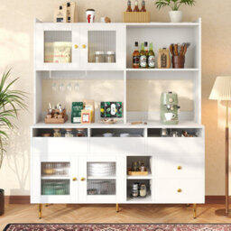 Matteo Modern White & Gold Sideboard Cabinet With Changhong Glass Doors, Wine Rack & Multi-Storage - 145X39X171Cm - thumbnail 1