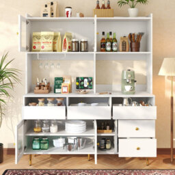 Matteo Modern White & Gold Sideboard Cabinet With Changhong Glass Doors, Wine Rack & Multi-Storage - 145X39X171Cm - thumbnail 3